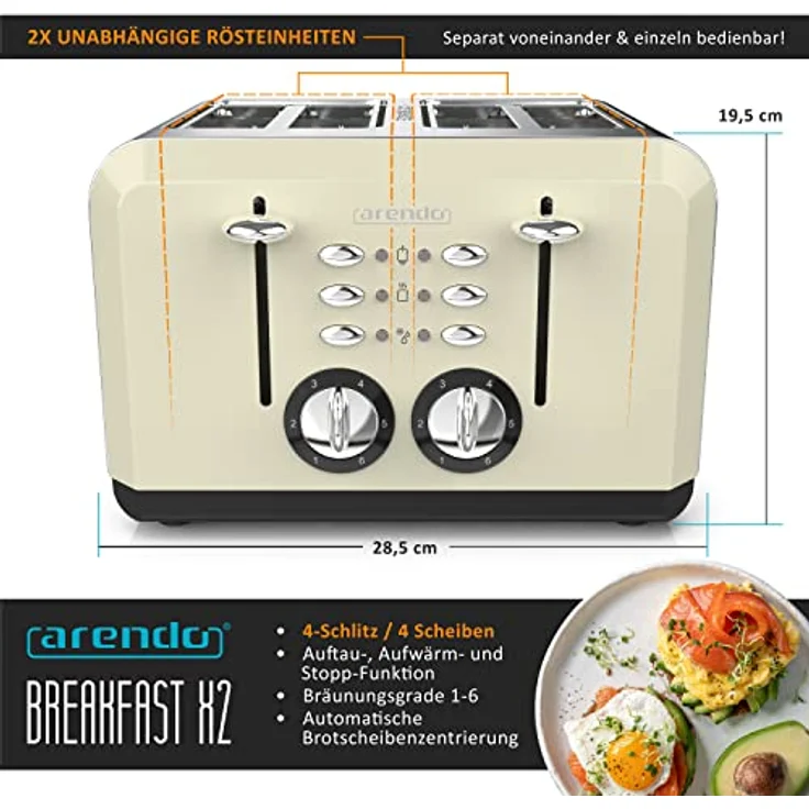 Arendo BREAKFAST X2 Automatik Toaster 4 Scheiben - Edelstahlgehäuse - Bräunungsgrad 1-6 - Aufwärm- und Auftaufunktion - Krümelschubladen - 1630 Watt - GS-Zertifiziert – Bild 2