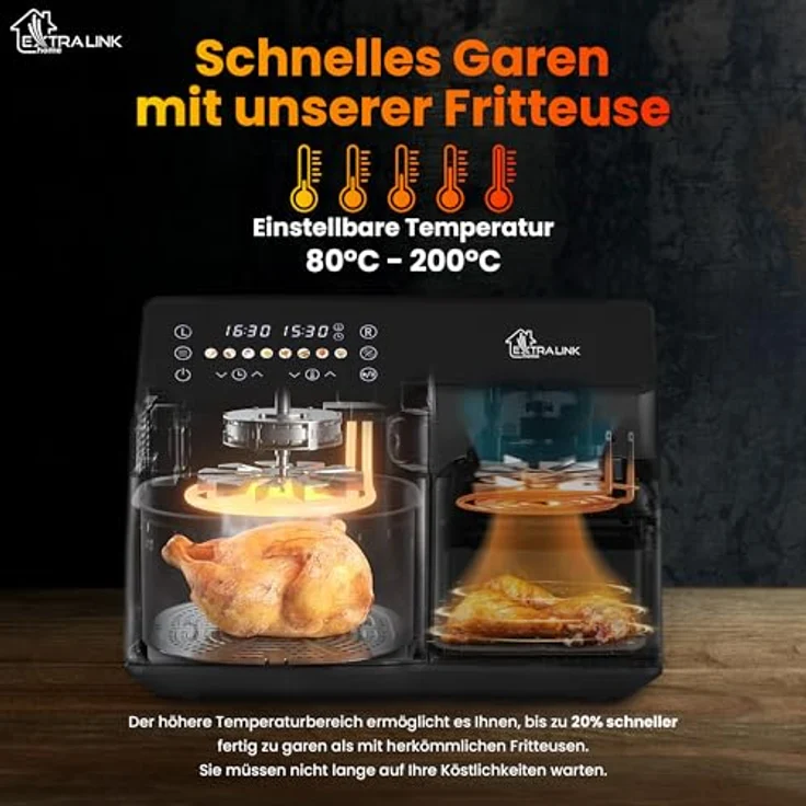 Extralink Home Luftfriteuse SJ-1000, 10L (6L+4L) Heissluftfritteuse mit 2500W und Fettreduzierung um bis zu 90% – Bild 4