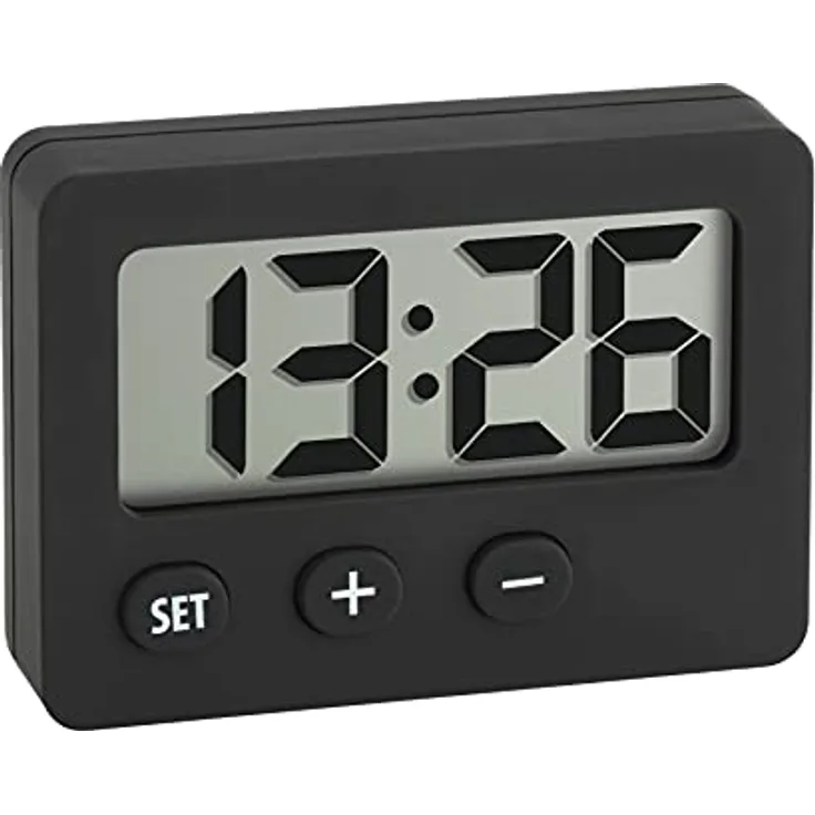 TFA Dostmann Mini Digitaluhr 60.2013.01, Tischuhr mit Magnet und selbstklebendem Halter, Quarzuhr, schwarz, perfekt für KFZ und Prüfungen
