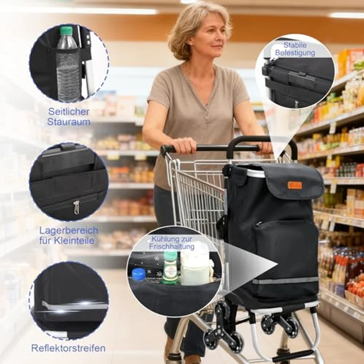 Sekey XXL Einkaufstrolley Treppensteiger mit 3 Rädern, 3-in-1 Aluminium Trolley mit höhenverstellbarem Griff, inkl. Kühlfach und Getränkefach, Schwarz – Bild 4