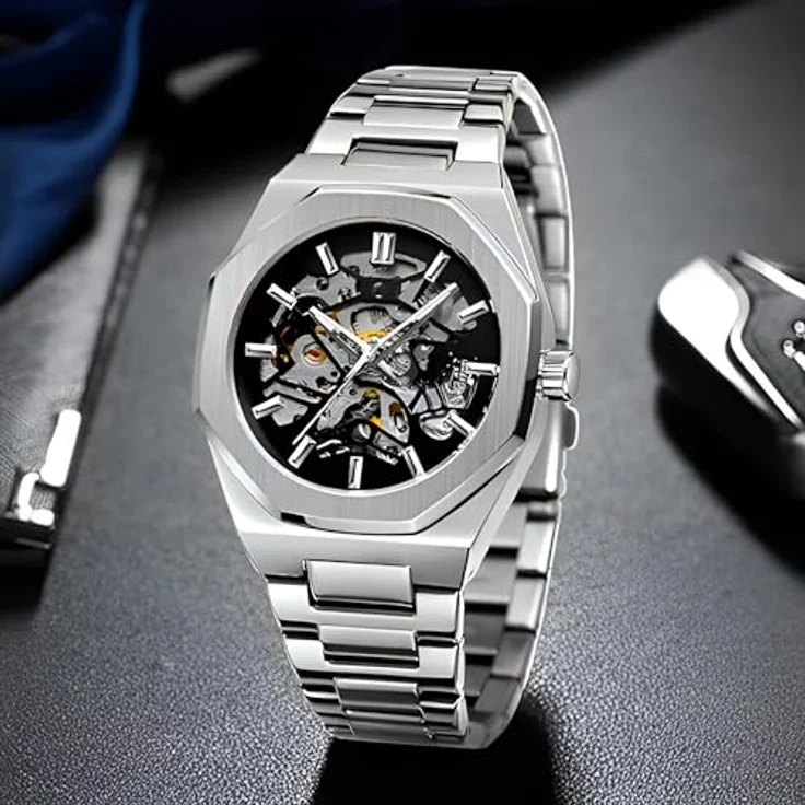 S&T Design Mechanische Uhr Skelett Edelstahl, Achteckiges Design, Wasserdicht, für Herren - Preisvergleich – Bild 7