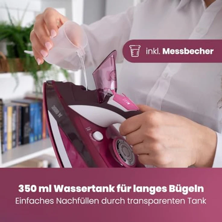 Bomann DB 6005 CB Dampfbügeleisen mit 7 Funktionen, Keramiksohle, stufenlose Temperaturregulierung, zuschaltbare Selbstreinigungsfunktion, weiß-rot – Bild 4