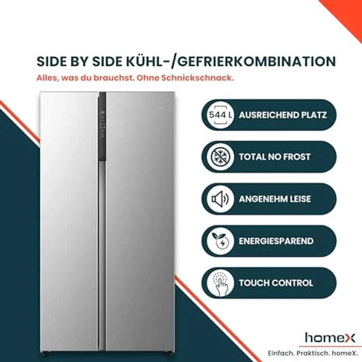 homeX CFBSN5441C-S Side by Side Kühlschrank, Kühl-Gefrier-Kombination 544 Liter, No Frost, Multi Airflow, leise 37 dB, silber – Bild 2