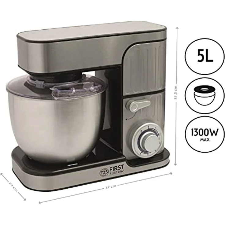 TZS First Austria Profi Küchenmaschine 1300 W, 5 L Behälter, 6 Geschwindigkeiten, Knetmaschine, Küchenmaschine mit Knetfunktion, Standmixer, Edelstahl – Bild 3