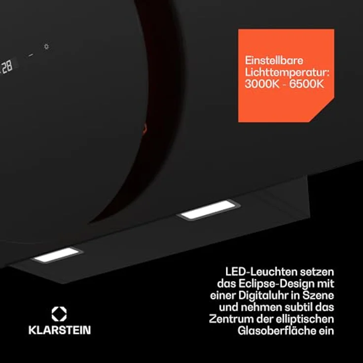 Klarstein Total Eclipse Dunstabzugshaube - 90 cm Kopffreihaube, 600 m³/h, Touch-Steuerung, Energieeffizienz A, LED-Beleuchtung 3000 K-6500 K, Schwarz, Abluft & Umluft – Bild 5