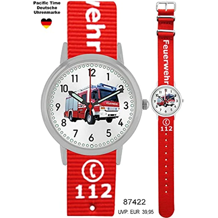 Pacific Time Kinder Armbanduhr Feuerwehr, Analog Quarz mit Wechselarmband in Rot, 10-fach verstellbar, leuchtende Zeiger und Punktindexe – Bild 2