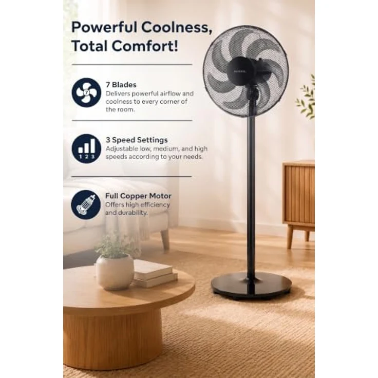 KUMTEL Standventilator KTF-760, 50 W, 7-Blatt-Rotor, Kupfermotor, höhenverstellbar, schwarz – Bild 6