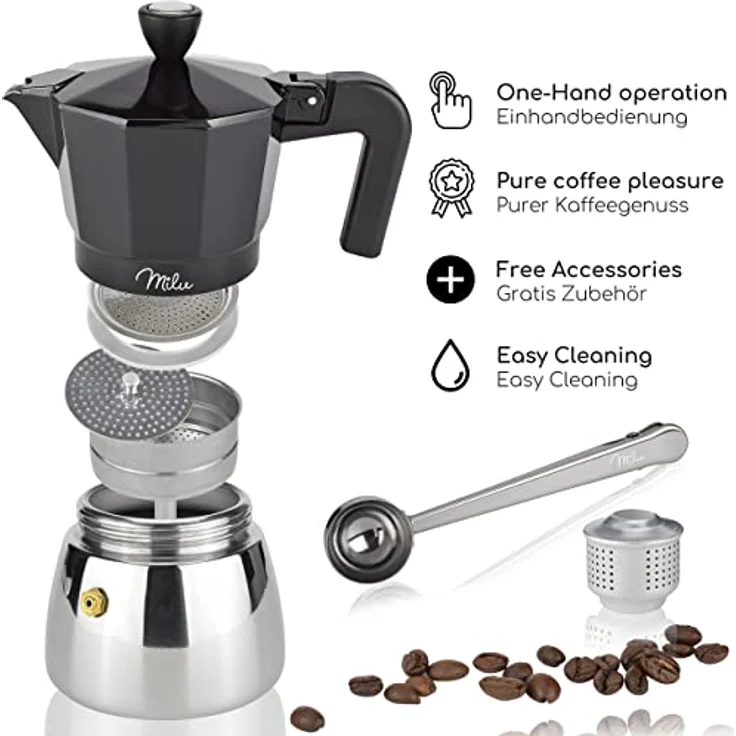 Milu Espressokocher Induktion geeignet, Aluminium Mokkakanne für 9 Tassen (400ml) mit Edelstahl, Set inkl. Löffel und Bürste, Schwarz – Bild 2