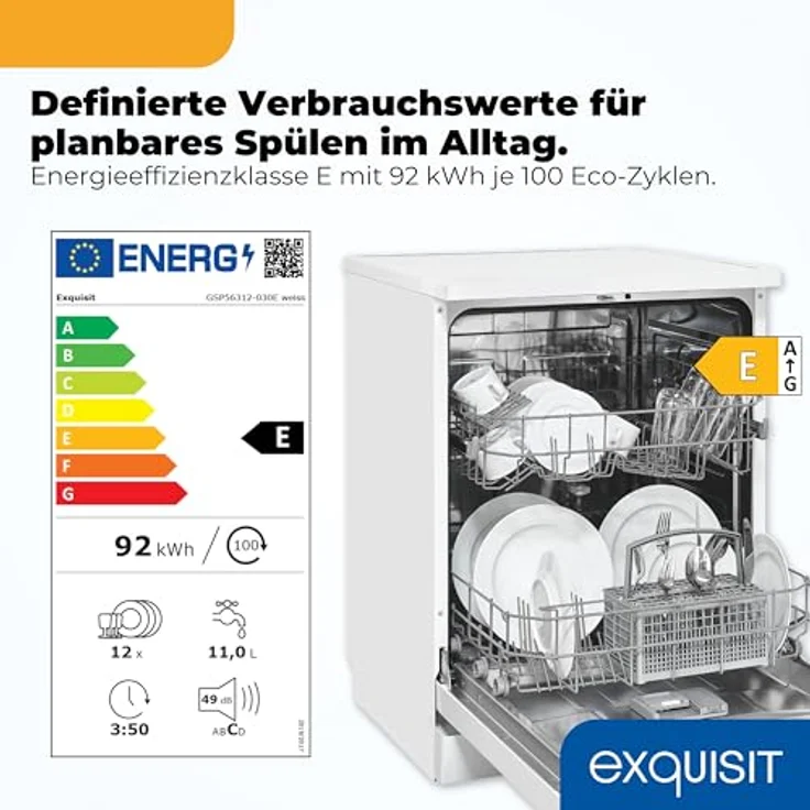 Exquisit PLUS GSP56312-030E, Geschirrspüler 60 cm, 12 Maßgedecke, Unterbaufähig, Startzeitvorwahl, 11 Liter, weiss – Bild 3