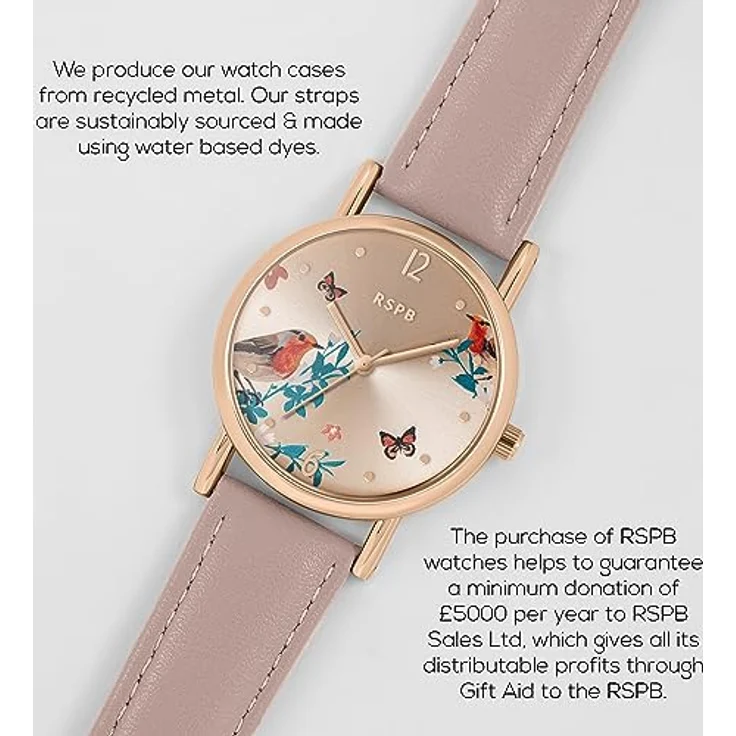 Tikkers RSPB Damenuhr, Vogel-Zifferblatt Rotkehlchen, Gehäuse aus 100 % recyceltem Metall, umweltfreundliches Armband, einjährige Garantie – Bild 2