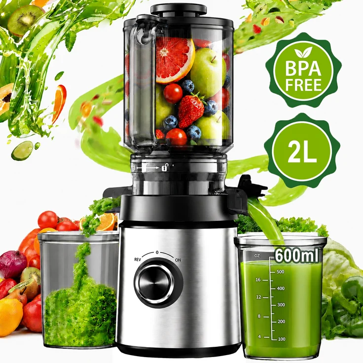 Sross Slow Juicer Entsafter, 140-mm-Einfüllöffnung, 400 W, REV-Funktion, BPA-frei, spülmaschinengeeignet, inkl. 2 Behältern
