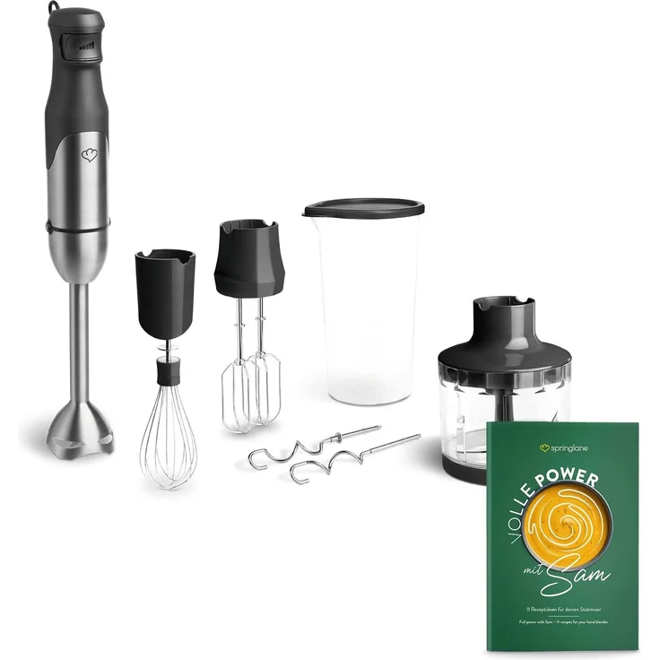 Springlane Stabmixer Set Sam aus Edelstahl, 800,00 W, inkl. Pürierstab, Zerkleinerer, Schneebesen, Rühr- & Knethaken, Aufbewahrungstasche – Bild 1