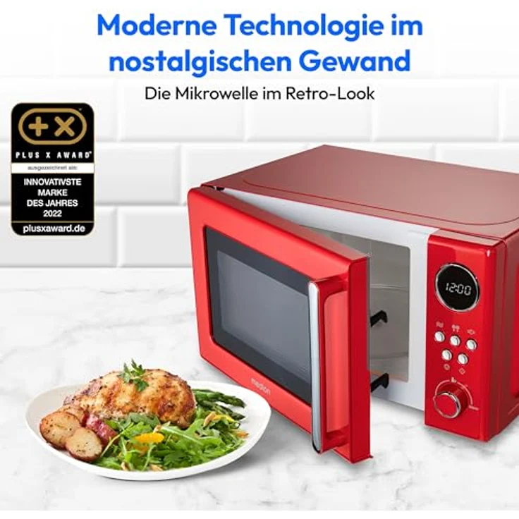 MEDION Retro Mikrowelle (20 Liter, ca. 800 Watt, 5 Mikrowellenstufen, 8 Automatikprogramme, Digitale Anzeige, Auftaufunktion, kompakt, MD15000) rot - Preisvergleich – Bild 2
