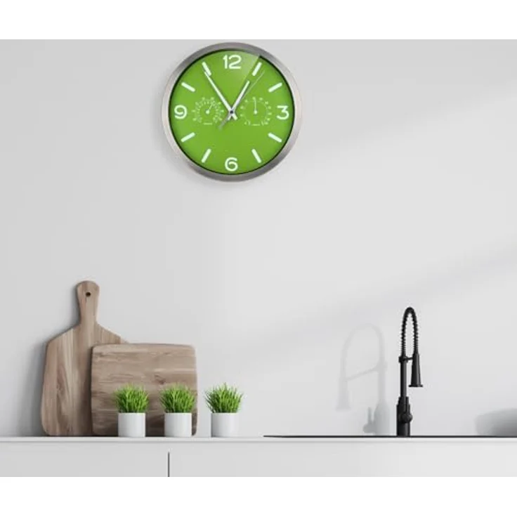 Bresser MyTime ND Funkuhr Wanduhr mit Thermo-Hygro Anzeige, geräuschlosem Uhrwerk, Edelstahlrahmen, grün, 250x250mm – Bild 3