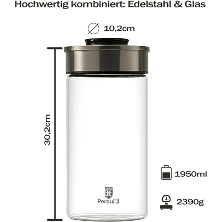 BURI Vorratsglas Vakuumglas 3er Set 1950ml, luftdicht, mottensicher, Edelstahl Deckel mit Easy Click Mechanismus, spülmaschinenfest, stapelbar – Bild 4