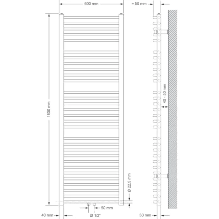 LuxeBath Badheizkörper 600x1800mm Weiß, gebogen mit Mittelanschluss und hoher Wärmeleitfähigkeit – Bild 2