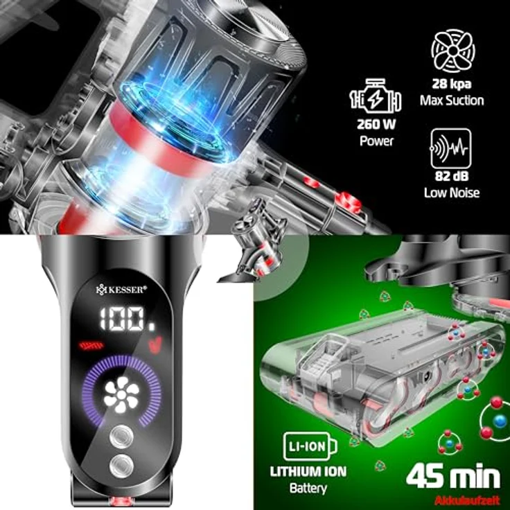 KESSER® Akku-Staubsauger 2in1 | Handstaubsauger ohne Beutel mit HEPA-Filter | Akkusauger bis 45 Min. Laufzeit + Fugendüse & Staubbürste | LED-Licht XL Staubbehälter für Hartböden Teppich Tierhaare, blau – Bild 5