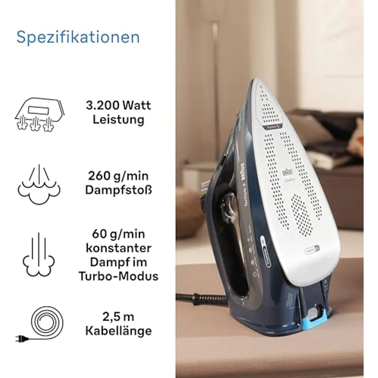 Braun TexStyle 9 SI9682 DB Dampfbügeleisen mit FreeGlide 3D Technologie, Vertikaldampf, Anti-Tropf-Funktion, Selbstreinigungsfunktion, 330 ml Einfüllöffnung, 260 g/min, 3200W, Dunkelblau – Bild 4