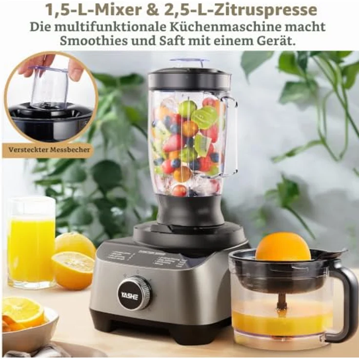YASHE HGM-410 Multifunktionale Küchenmaschine, 2,5L Schüssel & 1,5L Mixbehälter, 1300-W-Motor mit 11 Funktionen, Schwarz/Grau – Bild 2