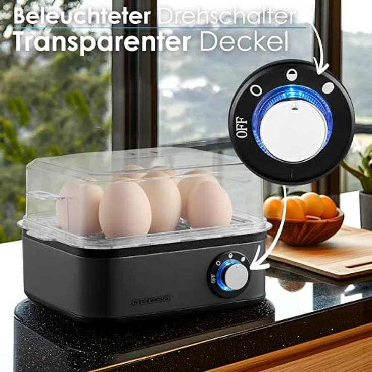 Steinborg Eierkocher für 1 bis 8 Eier | Edelstahl 500 Watt | 3 Härtegrade BPA-Frei & Spülmaschinenfest LED Drehschalter - Robust & Langlebig – Bild 3