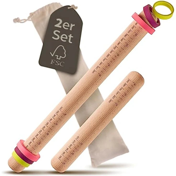 Nudelholz mit Abstandshalter - 2er Set - Teigroller aus nachhaltigem FSC Holz - Für gleichmäßiges Ausrollen – Bild 1