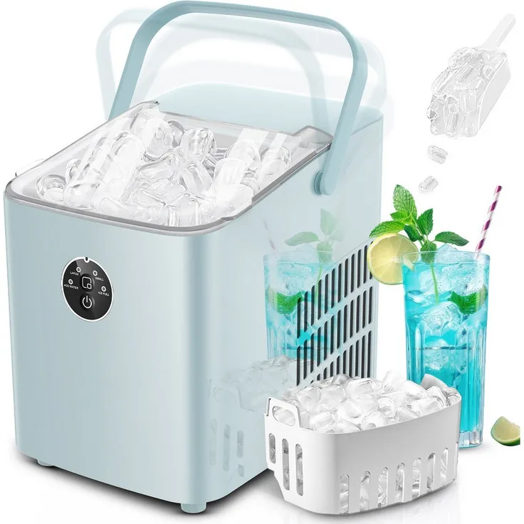 FOHERE Eiswürfelmaschine Klein, 14kg/24h, 6 Min. Eis in 2 Größen, selbstreinigend, blau