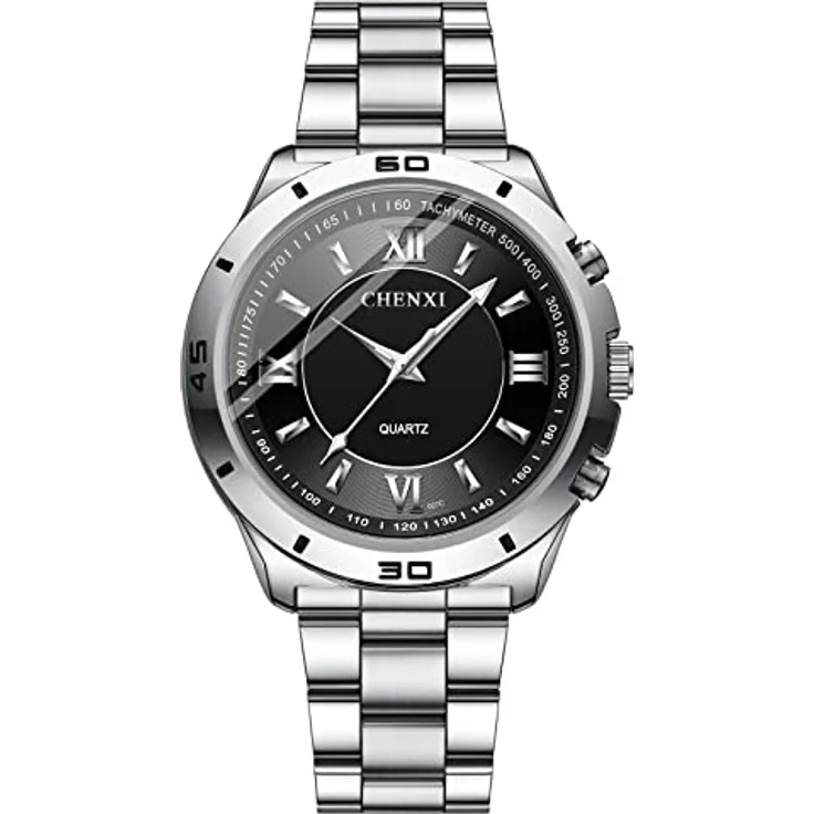 JewelryWe Analog Quarzuhr für Herren, 30M wasserdicht, Edelstahlarmband, römische Ziffern, leuchtende Zeiger, schwarz – Bild 1