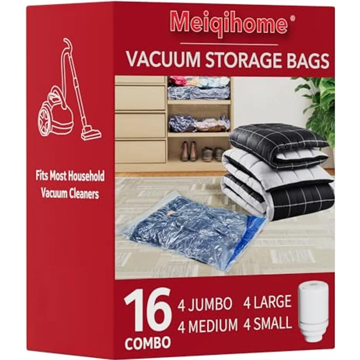 MEIQIHOME 16er Vakuumbeutel Set mit Elektrischer Pumpe, 4 Jumbo/4 Large/4 Medium/4 Small, reißfeste Kompressionsbeutel für Kleidung, ideal für Umzug und Lagerung – Bild 1