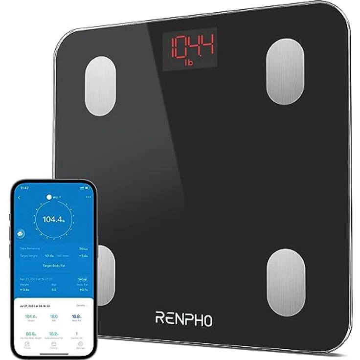 RENPHO Körperfettwaage, Bluetooth Personenwaage Digital mit App, Smart Waage mit Körperfett und Muskelmasse, BMI, Gewicht, Muskelmasse, Wasser, Protein, Skelettmuskel, Knochengewicht, BMR, Schwarz
