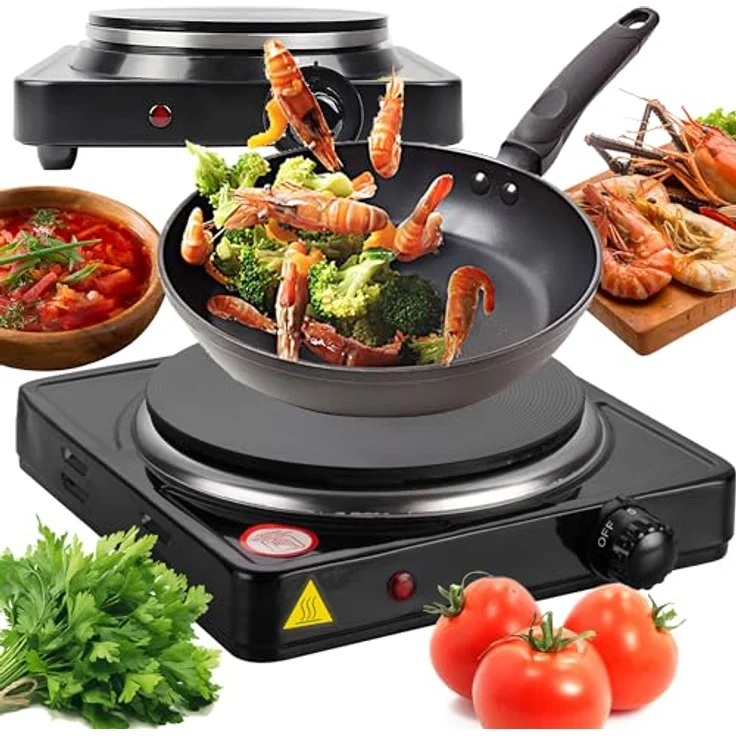Retoo Elektrische Kochplatte für Küche oder Camping, Einzelkochplatte, Kochfeld für Büro, kleine Herdplatte, Temperatureinstellung, Mobile Campingkocher, Stove, 1000W Schwarz – Bild 2