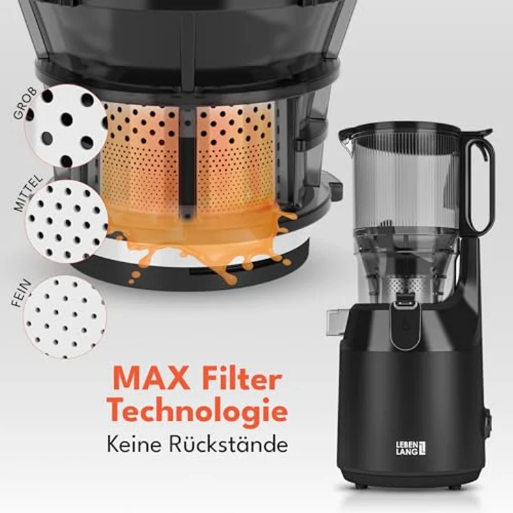 Leben Lang Slow Juicer, Entsafter mit großer Einfüllöffnung für ganze Früchte und Gemüse, inklusive Rezepte im E-Book – Bild 4