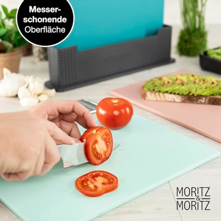 Moritz & Moritz 3x Schneidebrett Kunststoff Set - 32 x 22 cm - Im praktischen Ständer – Küchenbrett Groß – Spülmaschinengeeignet und hygienisch – Bild 4