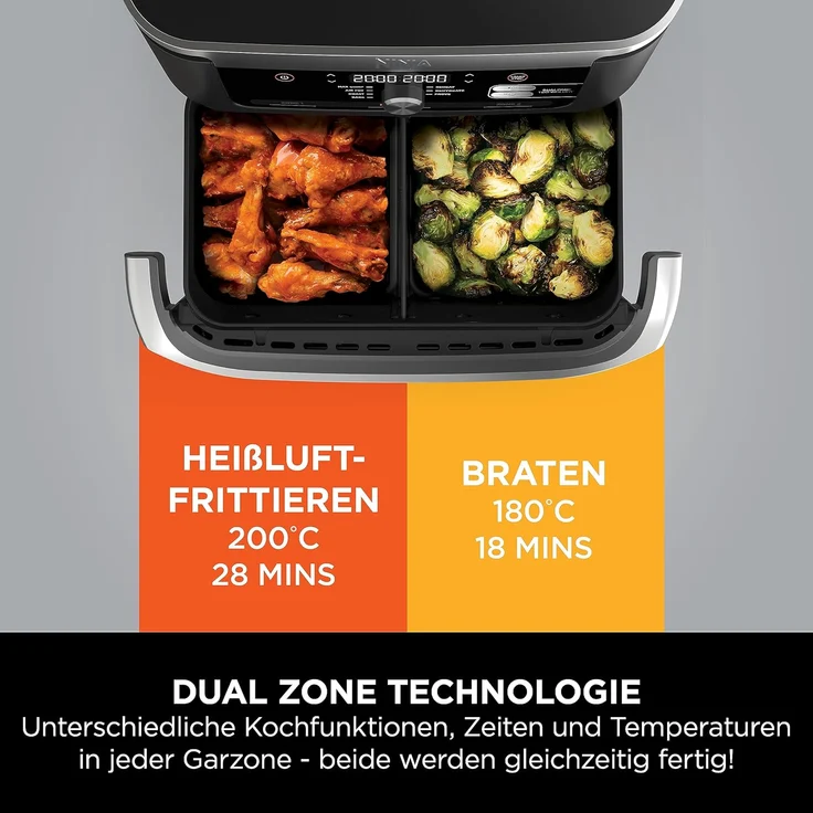 Ninja Foodi FlexDrawer Heißluftfritteuse, Dual Zone, verwandelt sich in MegaZone, 10,4 L, 7-in-1, Dual Zone, mit wenig bis gar kein Öl, antihaftbeschichtete, spülmaschinenfeste Teile, Schwarz AF500EU – Bild 7