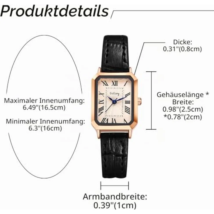 JewelryWe Damen Analog Quarz Armbanduhr mit römischen Ziffern, rechteckigem Gehäuse und schwarzem Lederarmband, wasserdicht – Bild 3