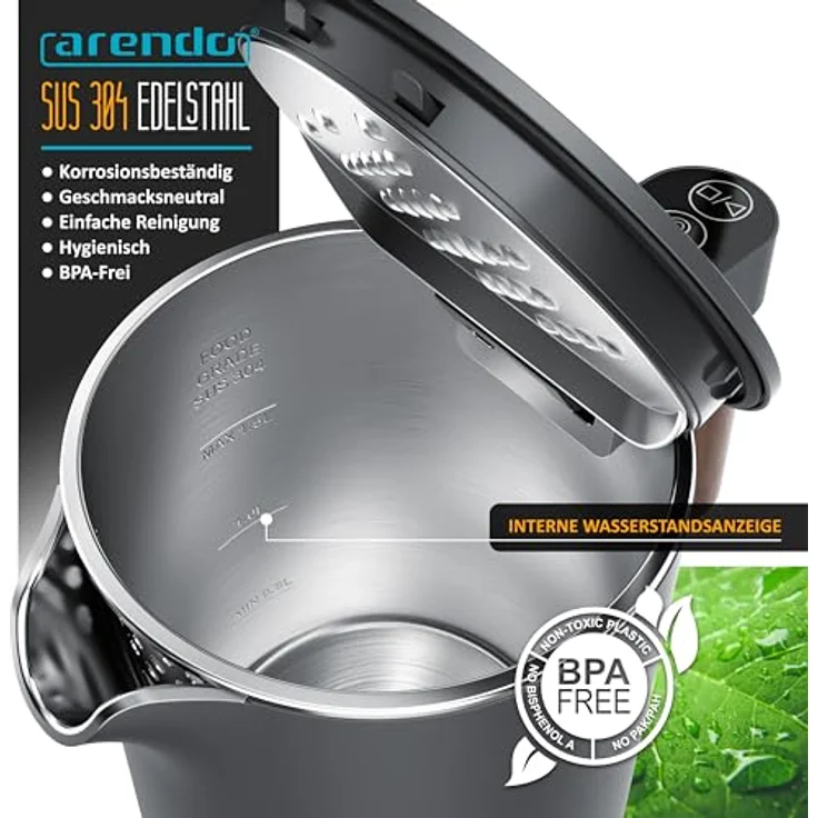 Arendo - Wasserkocher mit Temperatureinstellung - Edelstahl - 1.5 Liter - BPA frei - Warmhaltefunktion - Teekocher - Cool Touch - Cool Grey – Bild 5