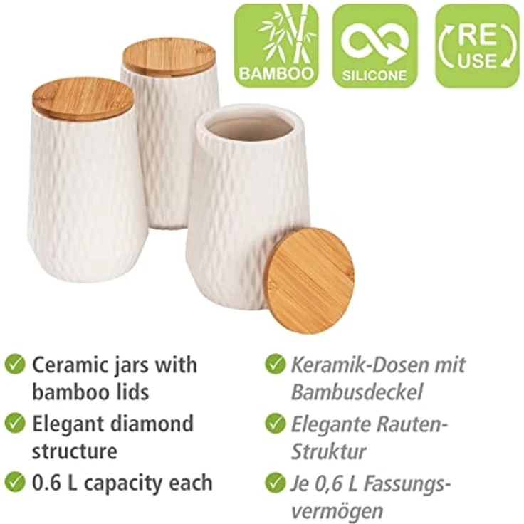 WENKO Aufbewahrungsdose Diamond, modernes 3er Set Keramik-Dosen mit Bambusdeckel und eleganter Rauten-Struktur zur Aufbewahrung in Küche oder Haushalt, Fassungsvermögen jeweils 0,6 Liter, Weiß/Braun – Bild 2