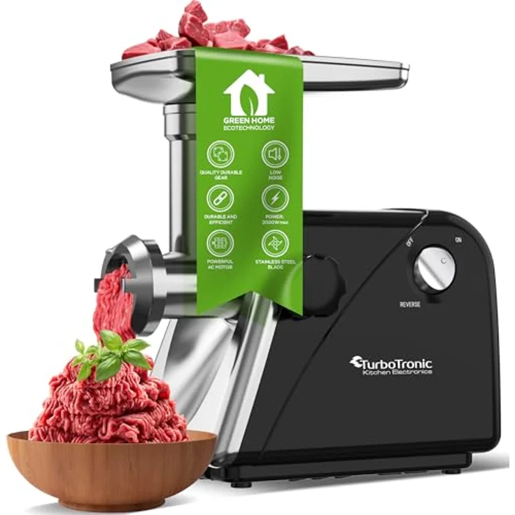 TurboTronic Elektrischer Fleischwolf Samurai - 2000W, rostfreie Edelstahl Klingen, Metallgetriebe, Wurstfüller mit Spritzgebäckvorsatz, Kebbeh Aufsatz, Hackfleisch Mett, Silber – Bild 9