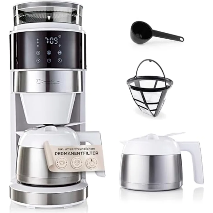 DS Produkte Barista Filterkaffeemaschine Touch Iso mit Mahlwerk und LED-Touchdisplay - 800W, doppelwandige Edelstahl-Isolierkanne, Timerfunktion, 3 Aromastufen - Schwarz