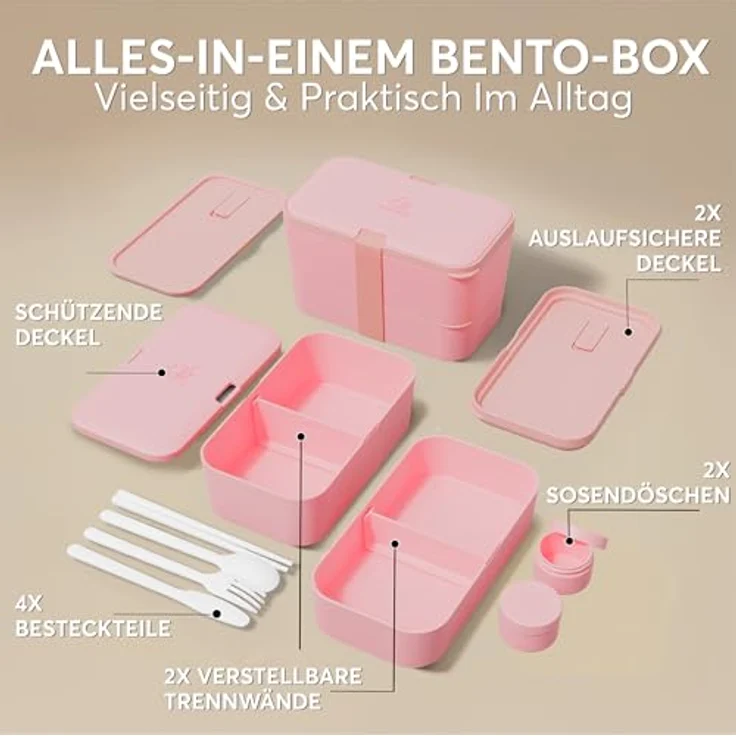 UMAMI Bento Lunchbox für Erwachsene mit Besteck, 2 Saucenbehältern, 2 Fächern, auslaufsicher, Meal Prep, ideal für Salat und Snacks – Bild 4