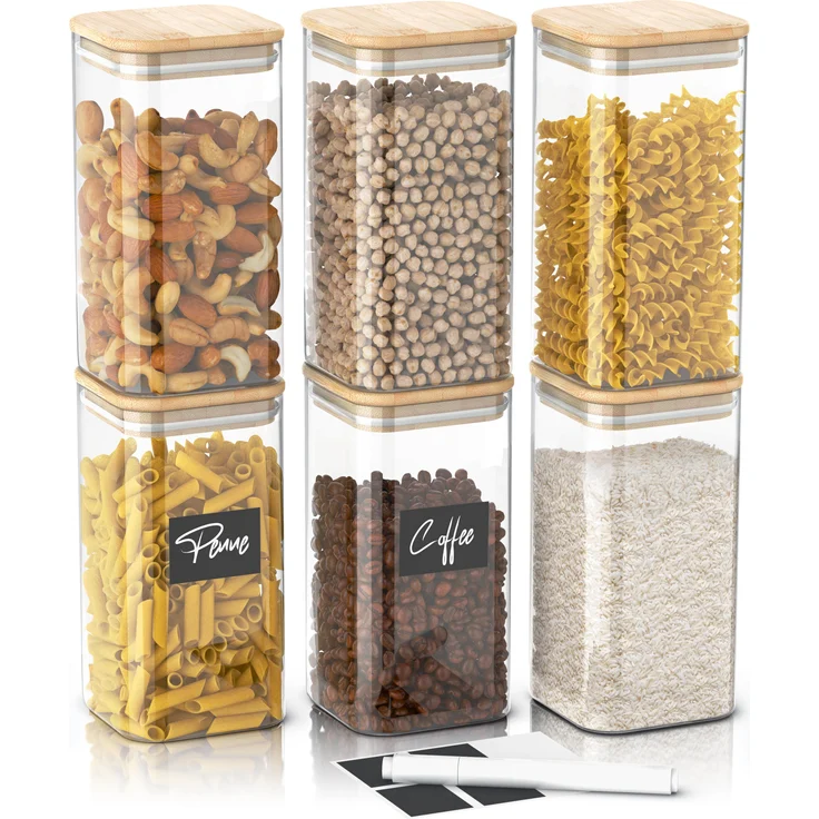 Arendo Vorratsgläser, Glasbehälter-Set 6x 1,65L Borosilikat, hitzebeständig, luftdicht, mikrowellengeeignet, inkl. Aufkleber & Textmarker, quadratisch