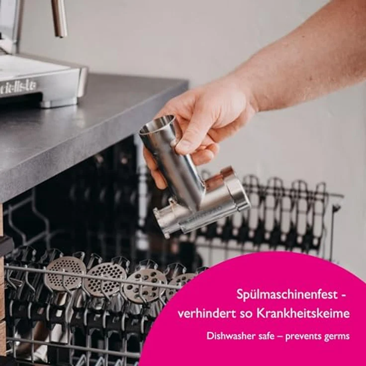 Kenny Professional Fleischwolf "Schredder" aus Edelstahl inkl. Lochscheiben, Messer, Wurstfüllhorn, ideal für Fleisch und Gemüse, kompatibel mit Kenwood KAX-Anschluss – Bild 3