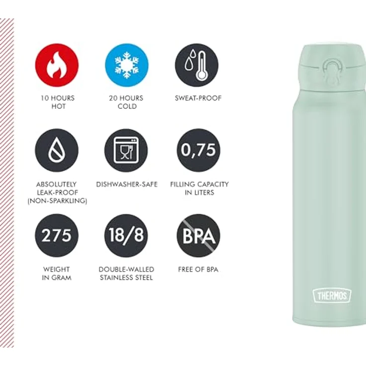 Thermos ULTRALIGHT BOTTLE 0,75l, Edelstahl Thermosflasche in soft mint mat, 10h heiß / 20h kalt, absolut dicht, langlebig – Bild 5