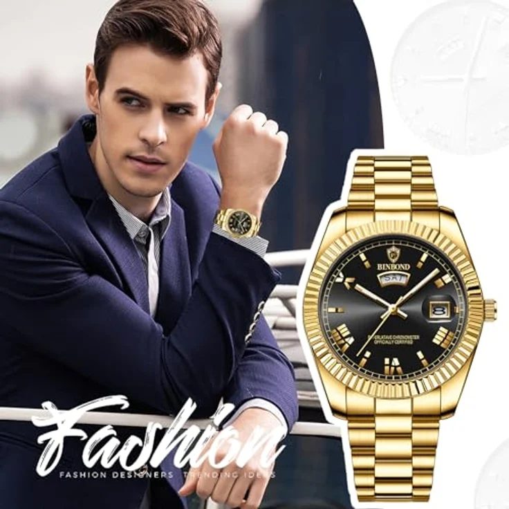 JewelryWe Herrenuhr Edelstahl Leuchtend Uhr, 30m wasserdicht, Analog Quarz mit römischen Ziffern und Leuchtzeigern, Gold Edelstahlarmband – Bild 5