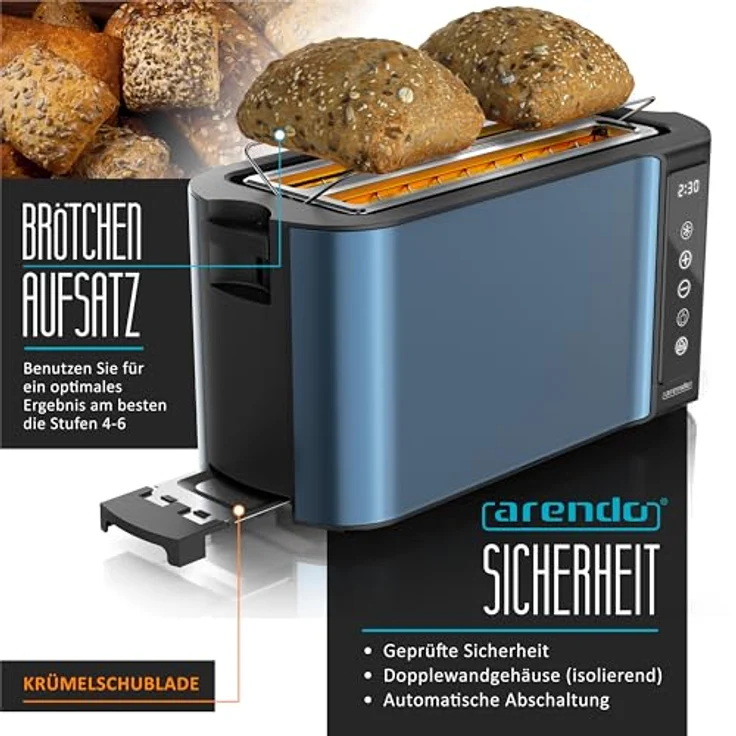 Arendo Edelstahl Toaster Langschlitz 4 Scheiben mit Touchscreen, 7 Bräunungsstufen, integrierter Brötchenaufsatz, Memoryfunktion, Admiralblau – Bild 3