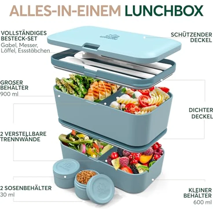 UMAMI Bento Lunchbox für Erwachsene mit Besteck, 2 Saucenbehältern, auslaufsicher, ideal für Salat und Snacks, 2 Etagen mit Fächern, leicht zu reinigen – Bild 5
