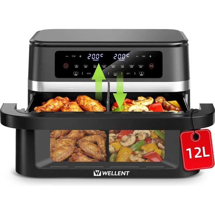 WELLENT Heißluftfritteuse XXL Airfryer 12L mit herausnehmbarem Trenner, SHAKE-Erinnerung, Sichtfenster, Sync-Finish & 8 Programmen, 2950 W, für gesundes Frittieren ohne Vorheizen