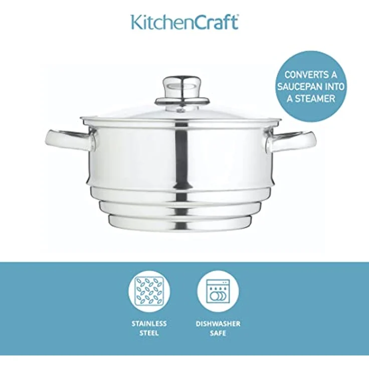 KitchenCraft Universaleinsatz Dampfgarer mit Deckel, Universal Dämpfer mit Glasdeckel, Passt auf fast jede Pfanne und Kochtopf, Silber Edelstahl, Durchmesser 16, 18 und 20 cm, – Bild 2