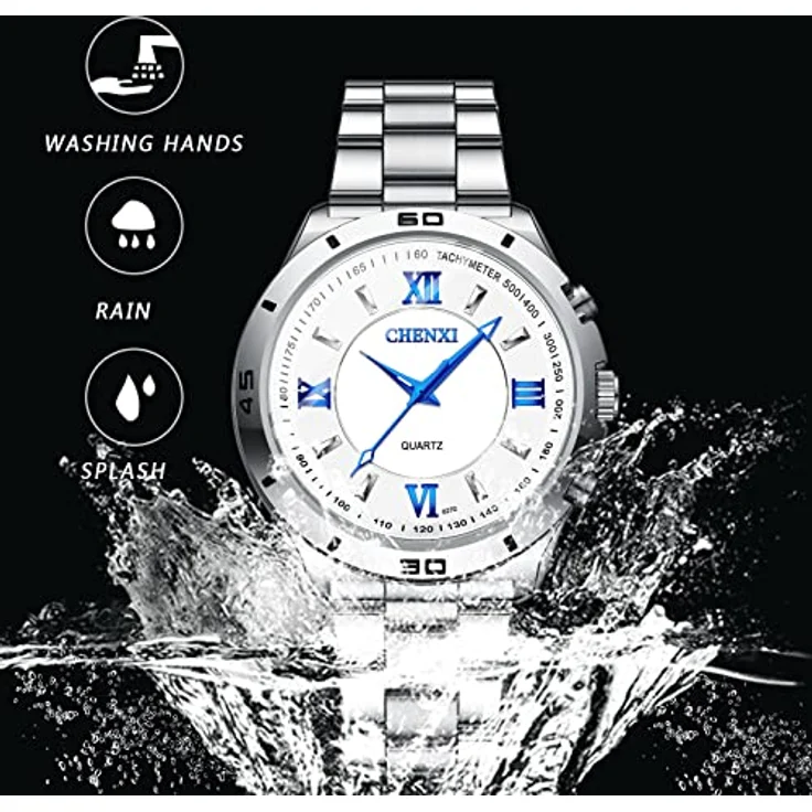 JewelryWe Herren Armbanduhr Analog Quarz, 30M wasserdicht, Edelstahlarmband, römische Ziffern, leuchtende Zeiger, weiß – Bild 2