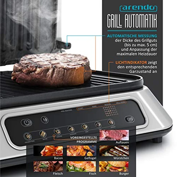 Arendo Kontaktgrill - Elektrogrill mit Digitalsteuerung 1900 W - elektrischer Tischgrill Sandwichmaker - 7 Programme - antihaft beschichtetes Edelstahl - abnehmbare Platten Abtropfschale - GS – Bild 4