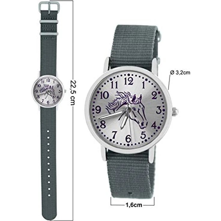 Pacific Time Mädchen Uhr Pferde, analog Quarz mit leuchtenden Zeigern und grauem Textil-Wechselarmband, 3,2 cm Gehäusedurchmesser – Bild 5